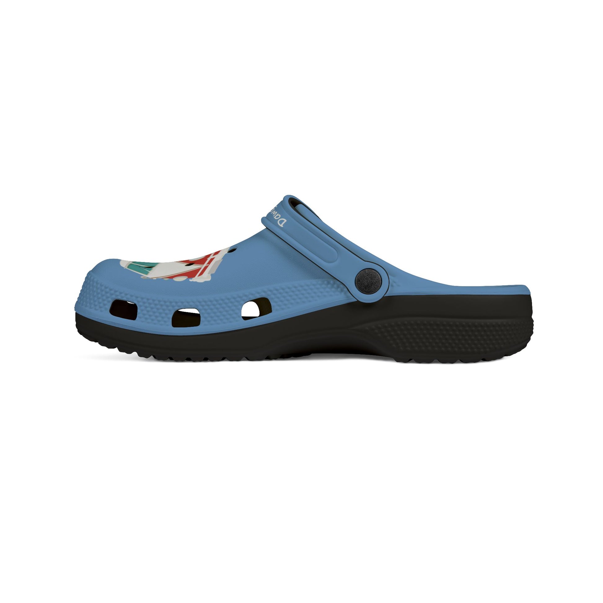 Printify graphic rubber clogs for women in blue with black sole and colorful front design