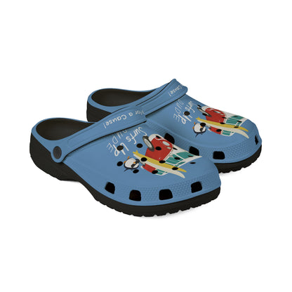 Printify graphic rubber clogs for women in blue with colorful cartoon design and adjustable heel strap