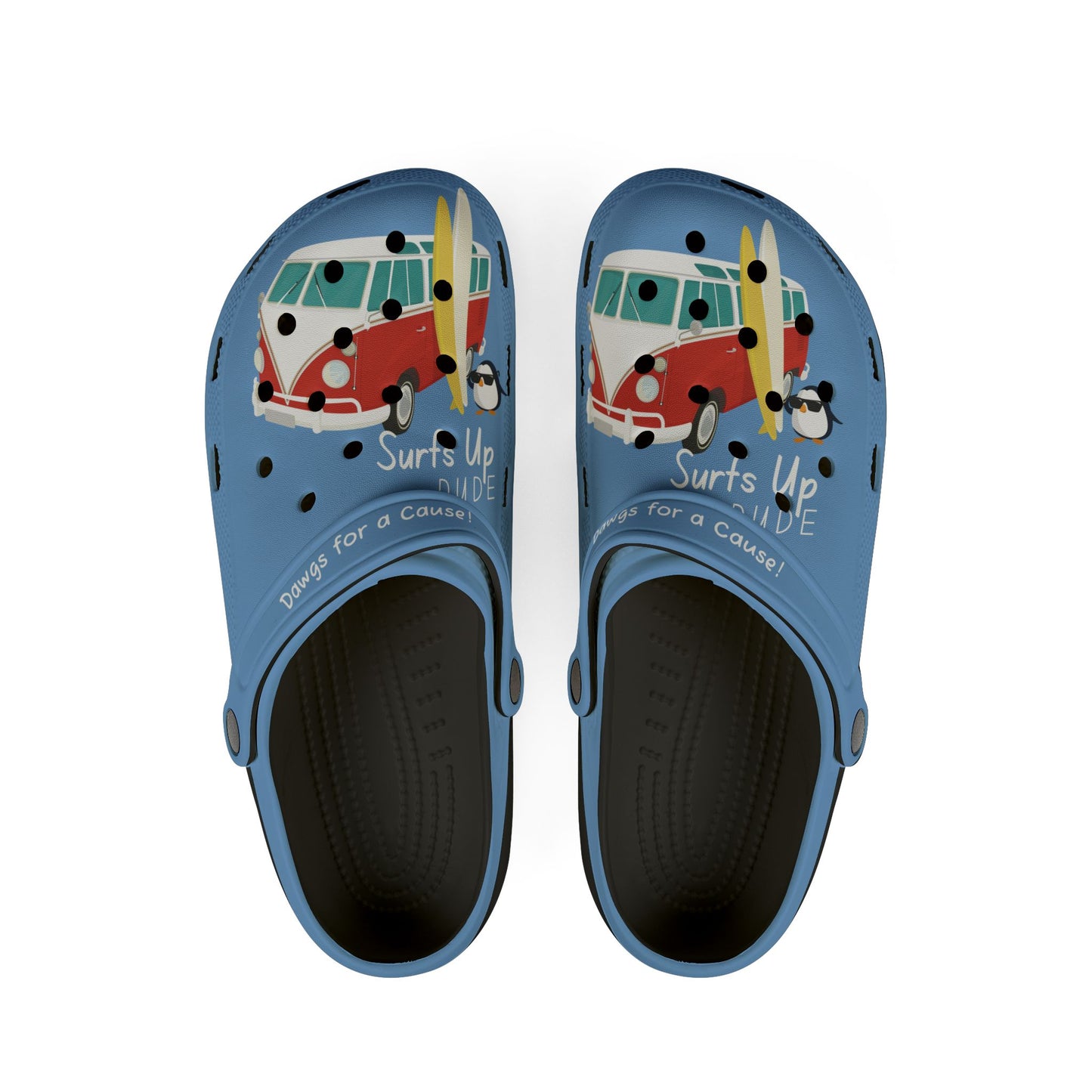 Printify blue graphic rubber clogs for women with surf van and penguin design