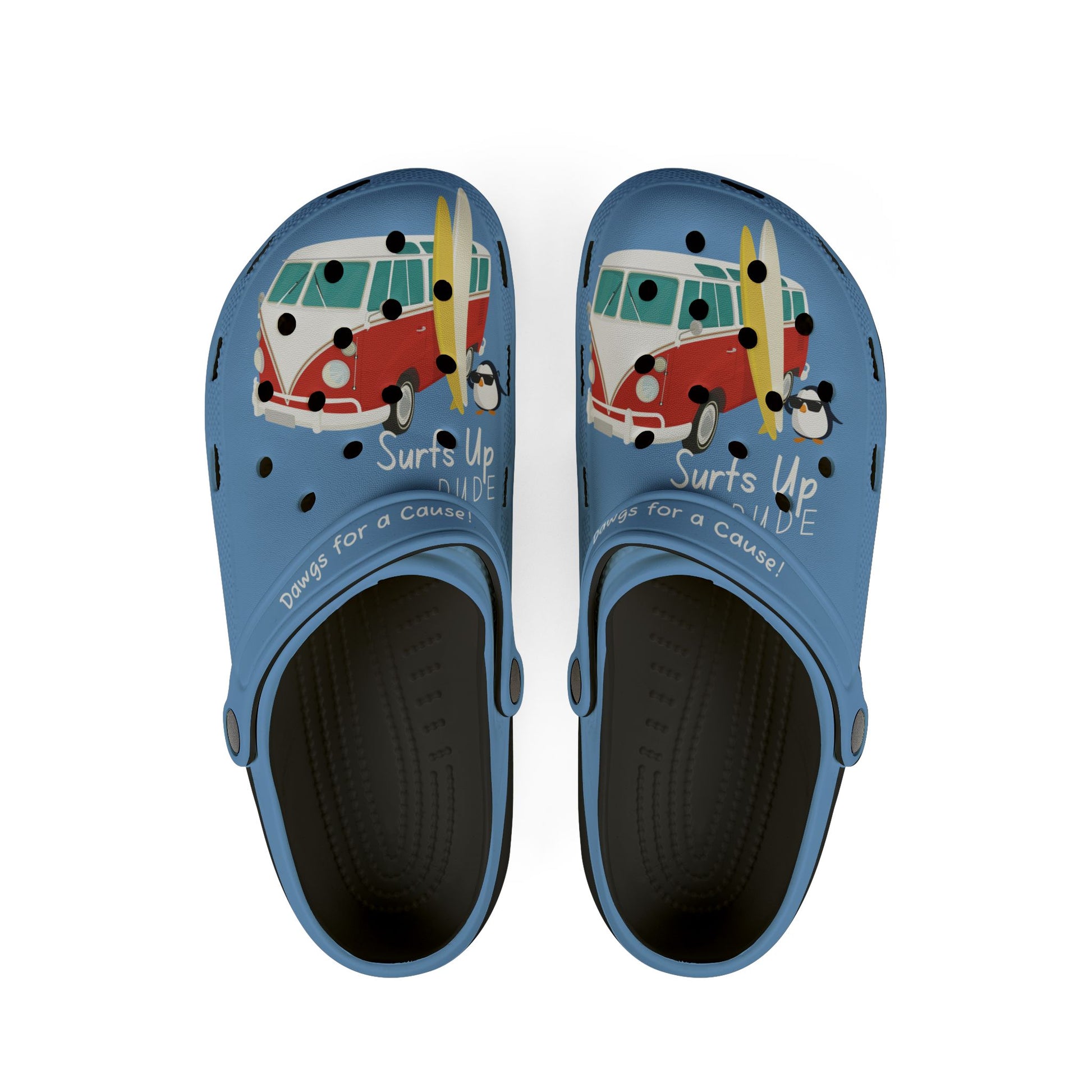Printify blue graphic rubber clogs for women with surf van and penguin design