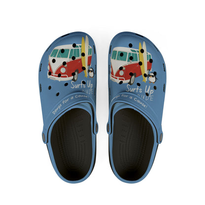 Printify blue graphic rubber clogs for women with surf van and penguin design