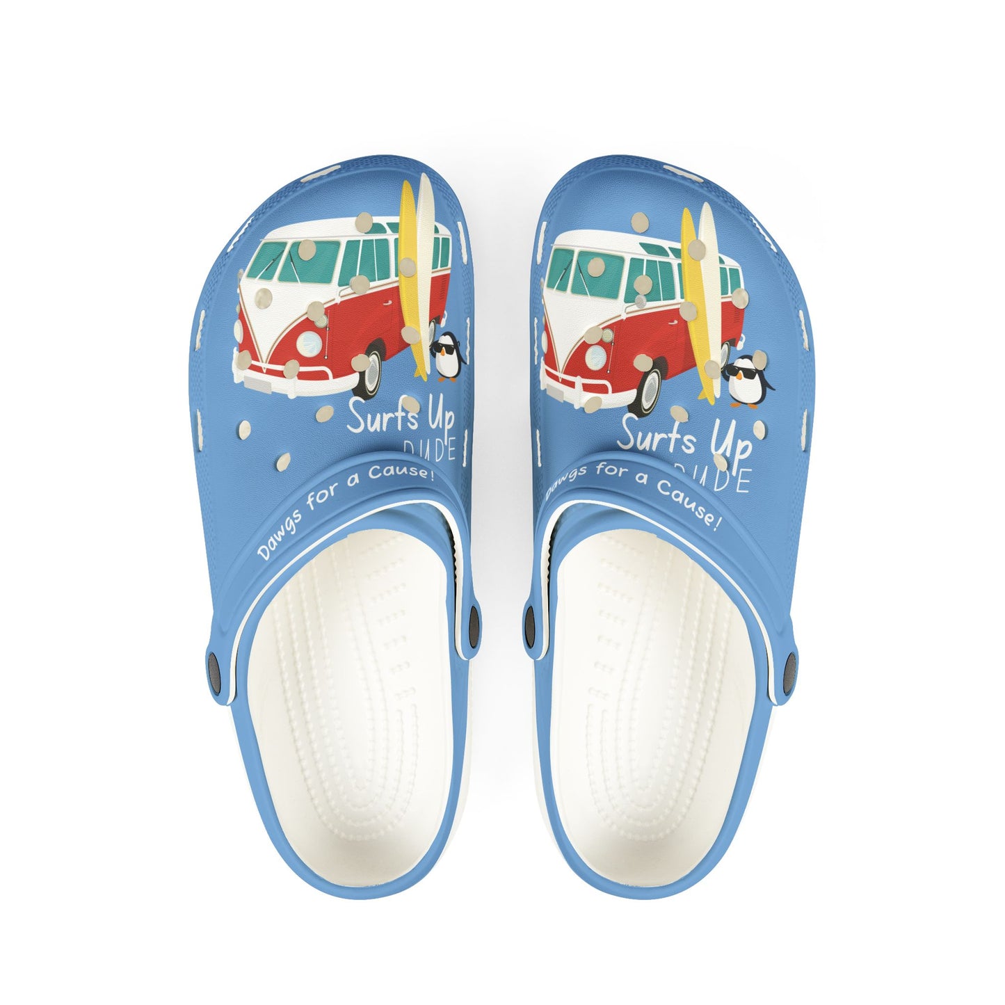 Printify graphic rubber clogs for women in blue with surf van and penguin design