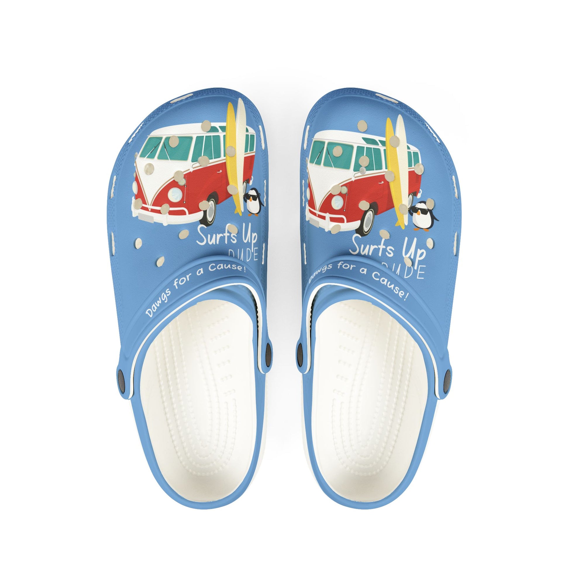 Printify graphic rubber clogs for women in blue with surf van and penguin design