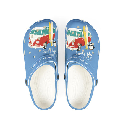 Printify graphic rubber clogs for women in blue with surf van and penguin design