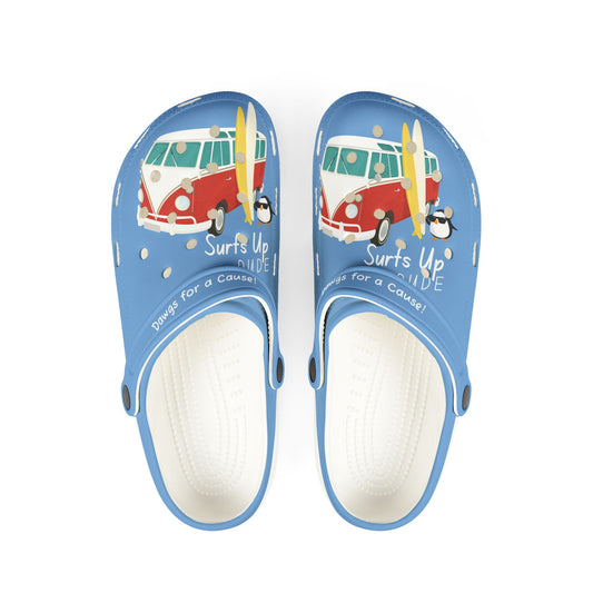 Printify graphic rubber clogs for women in blue with surf van and penguin design