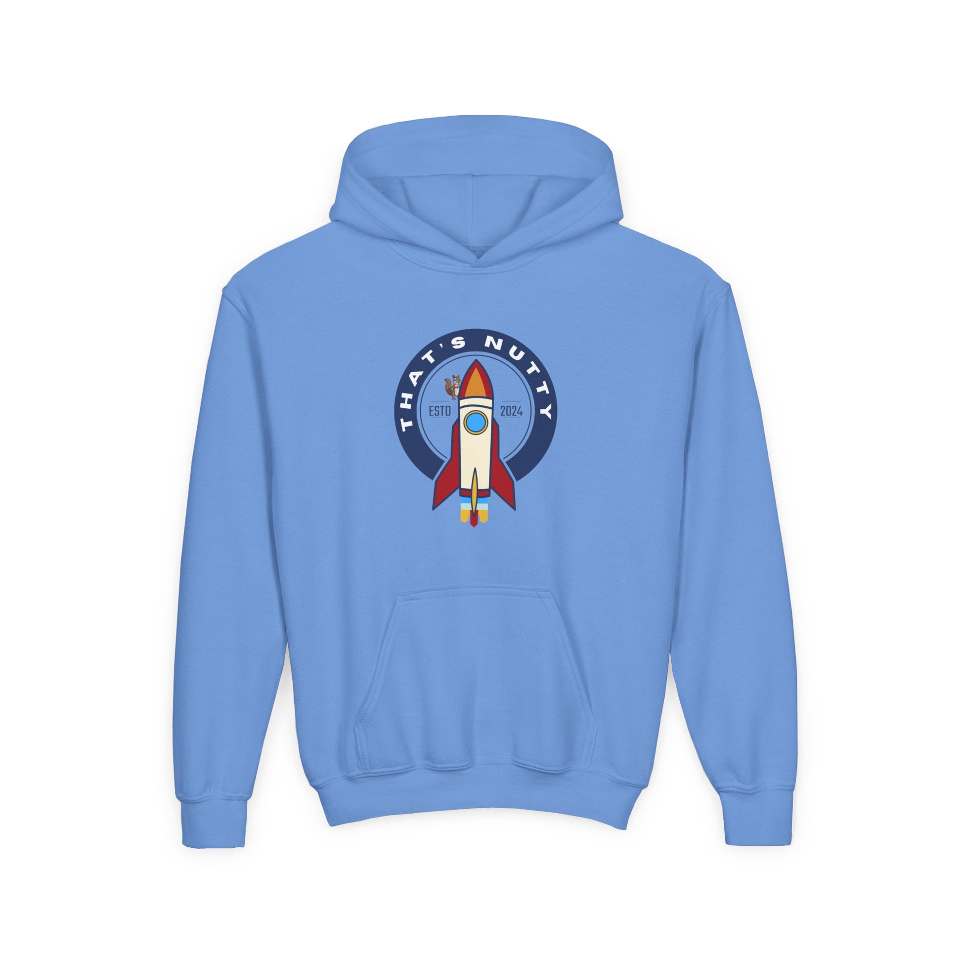 Light blue kids rocket ship hoodie with cartoon rocket graphic and front pocket by Printify