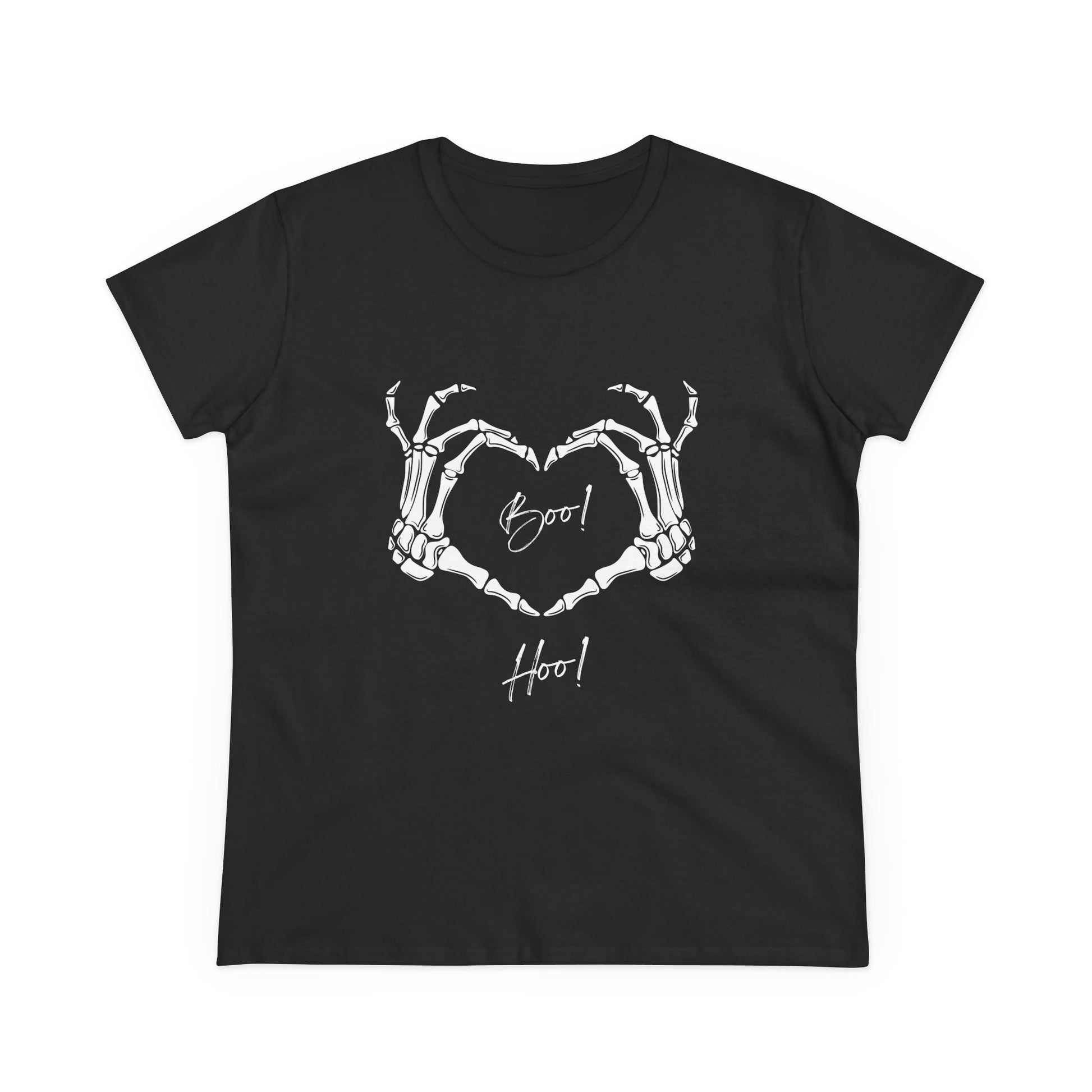Black boo hoo t-shirt women with white skeleton hands forming a heart and text design
