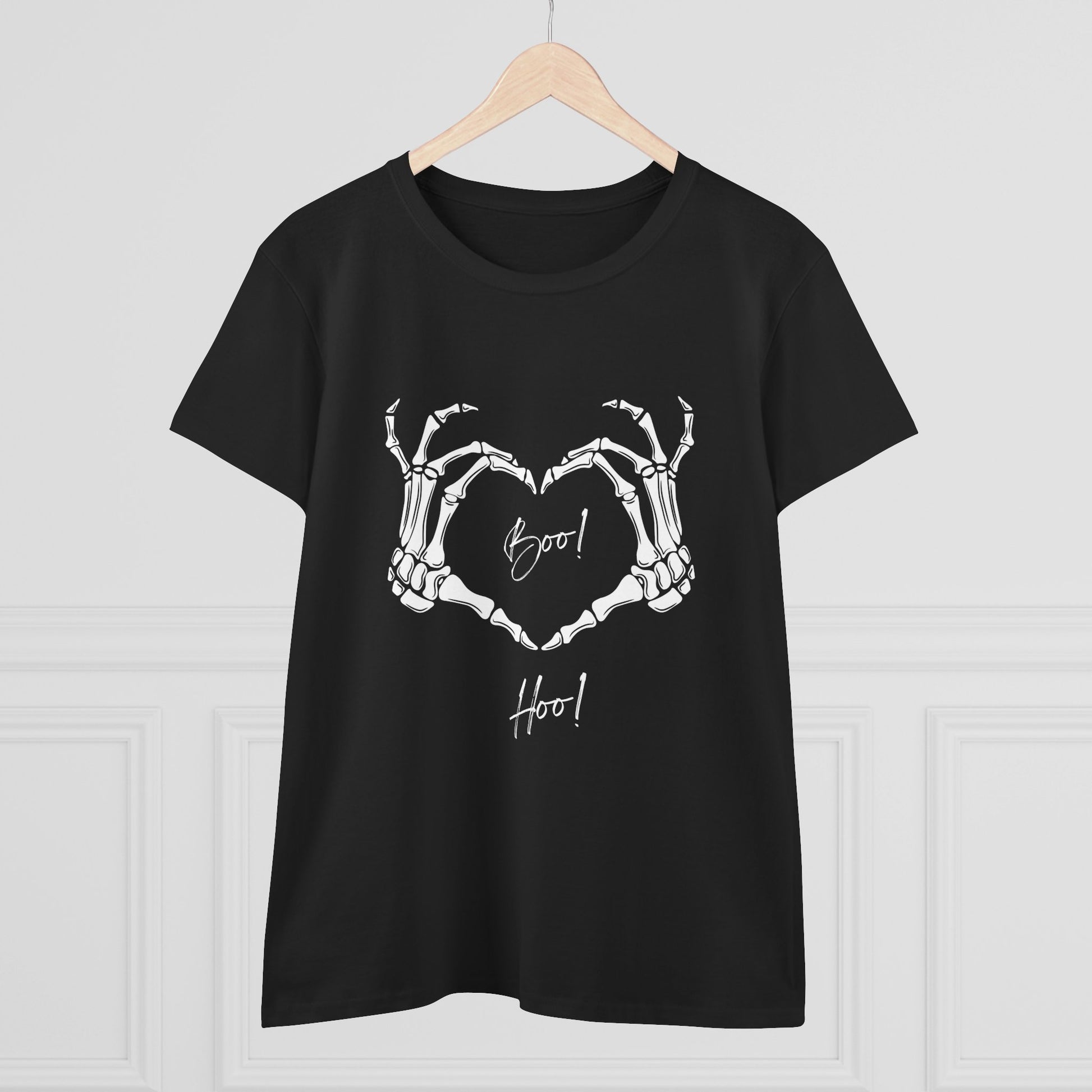 Black boo hoo t-shirt women featuring skeleton hands forming a heart on front by Printify