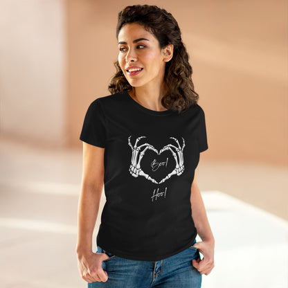 Black boo hoo t-shirt women with skeleton hand heart design worn by smiling woman in casual jeans