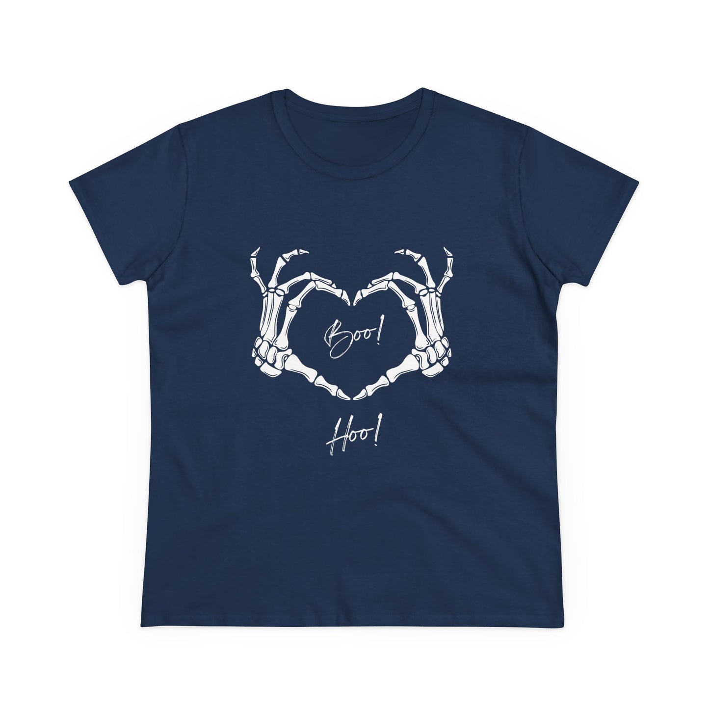 Navy blue boo hoo t-shirt women with skeleton hands forming a heart design by Printify