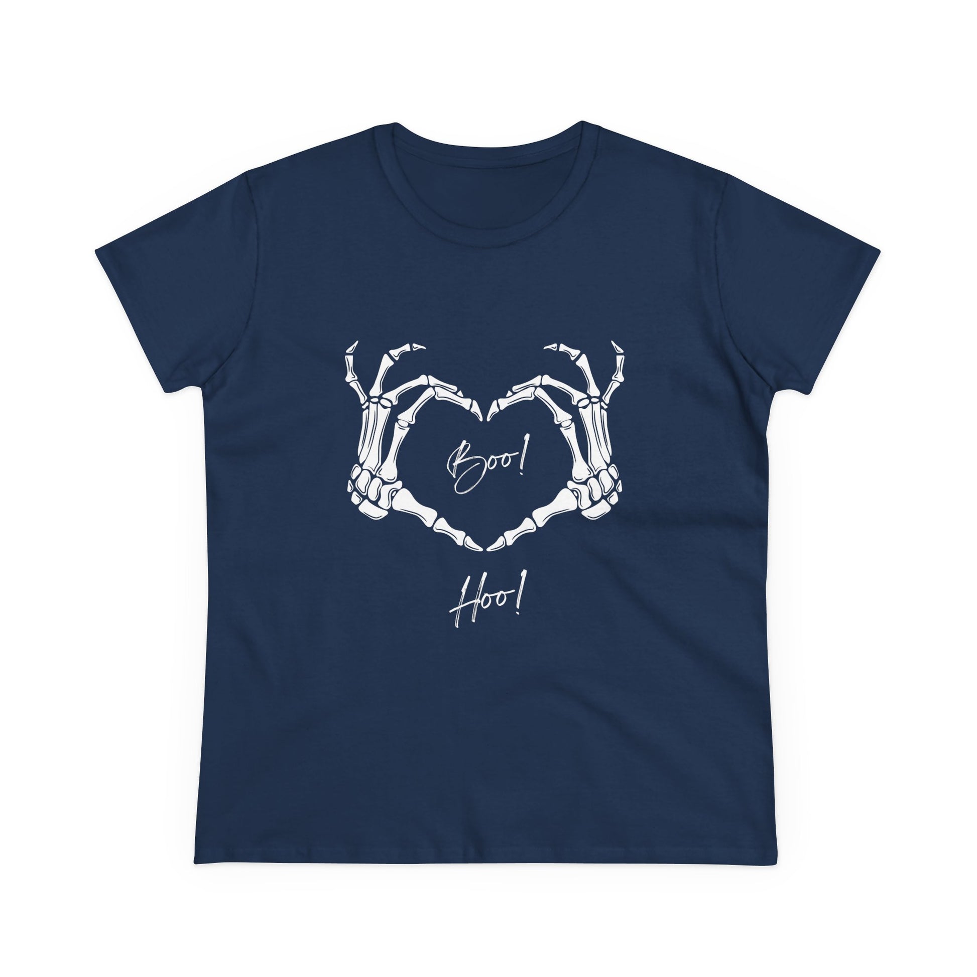 Navy blue boo hoo t-shirt women with skeleton hands forming a heart design by Printify