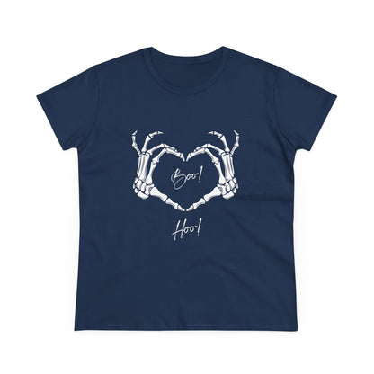 Navy blue boo hoo t-shirt women with skeleton hands forming a heart design by Printify