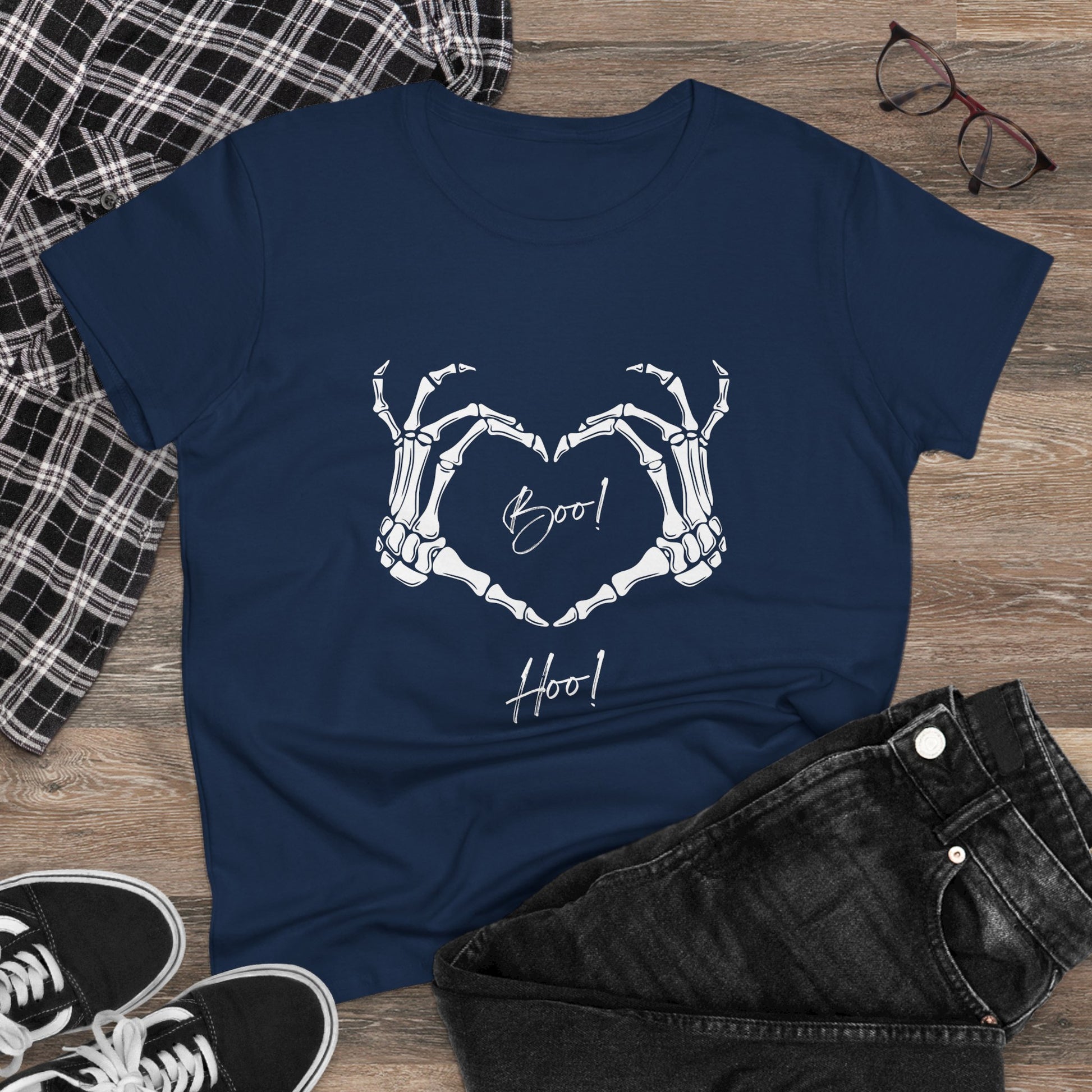 Navy blue boo hoo t-shirt women with skeleton hands forming a heart and text design