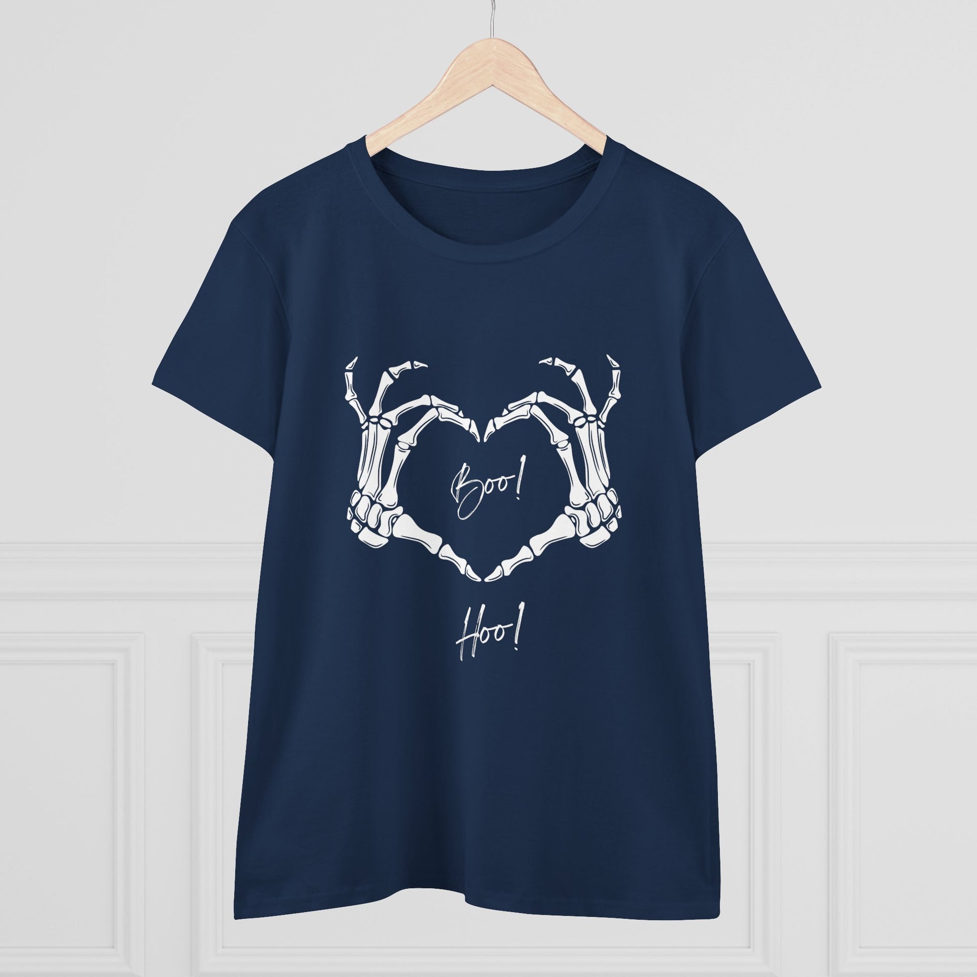 Navy boo hoo t-shirt women with skeleton hands forming a heart design on front