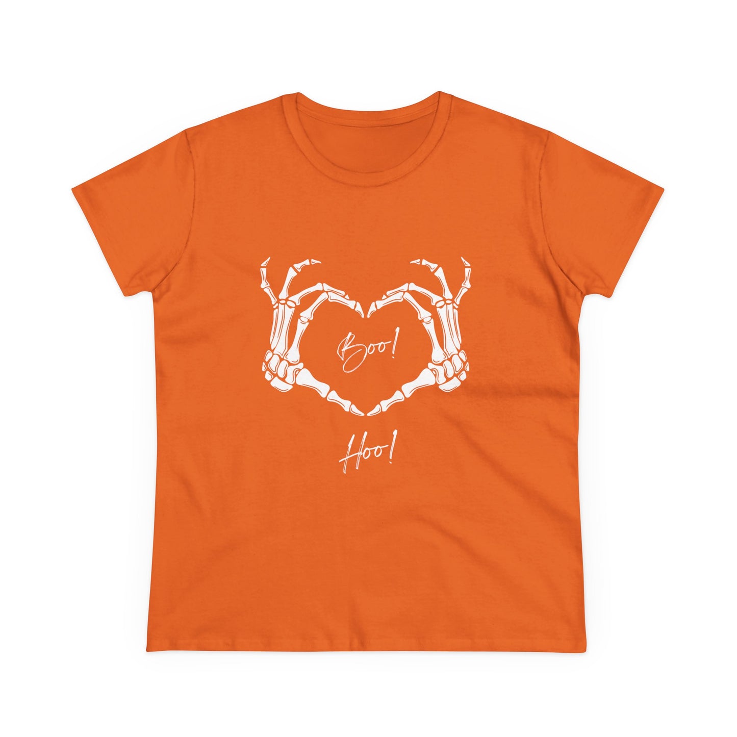 Orange boo hoo t-shirt women with white skeleton hand heart graphic from Printify