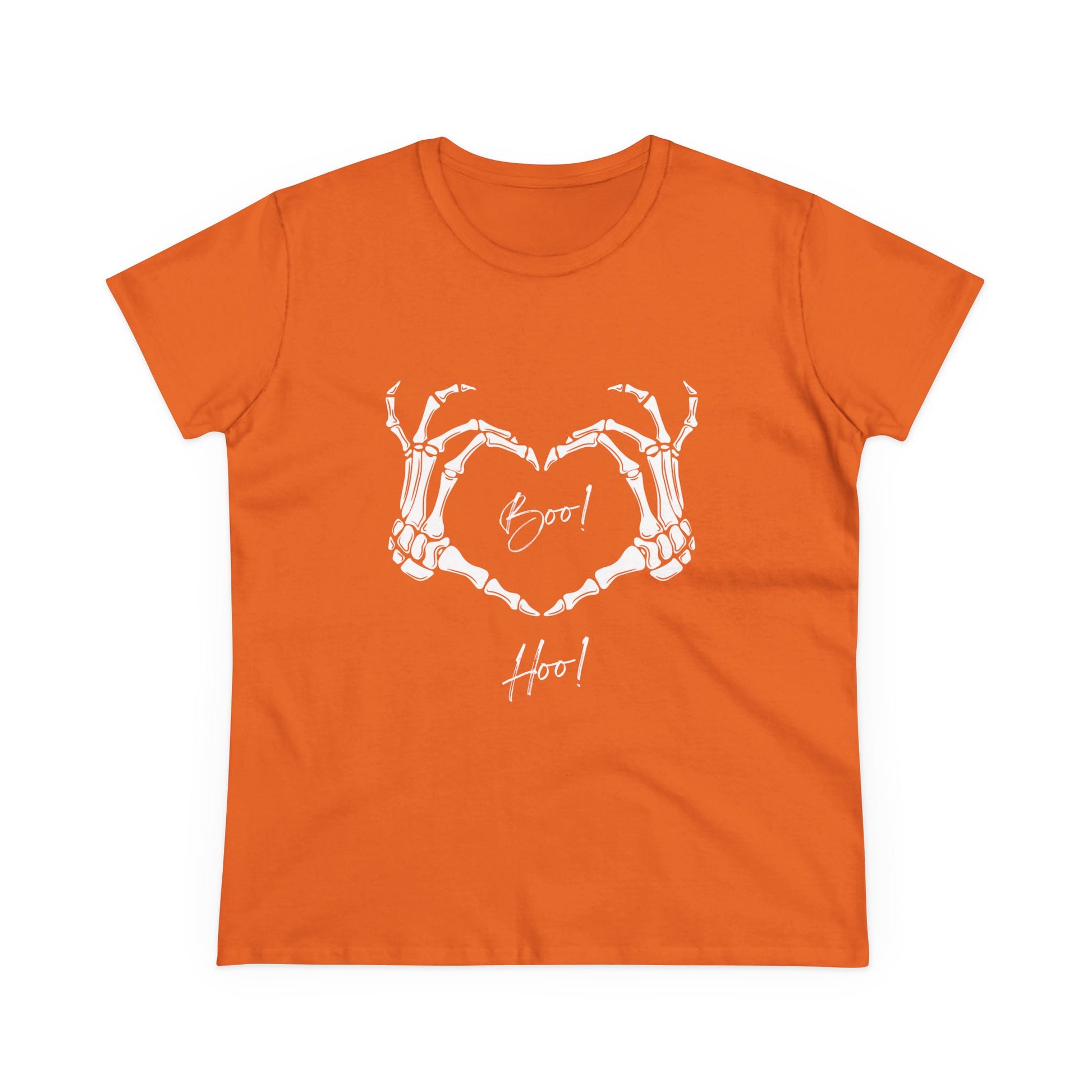 Orange boo hoo t-shirt women with white skeleton hand heart graphic from Printify