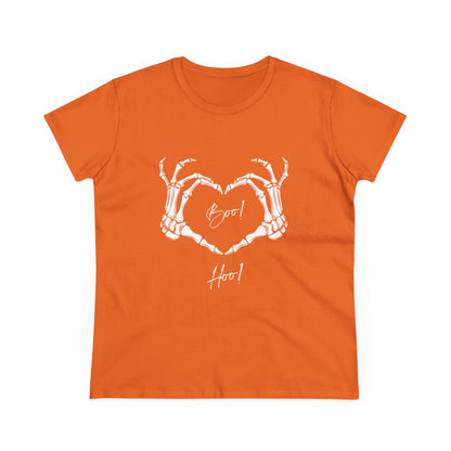 Orange boo hoo t-shirt women with white skeleton hand heart graphic from Printify