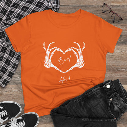 Orange boo hoo t-shirt women with white skeleton hands forming a heart and text printed