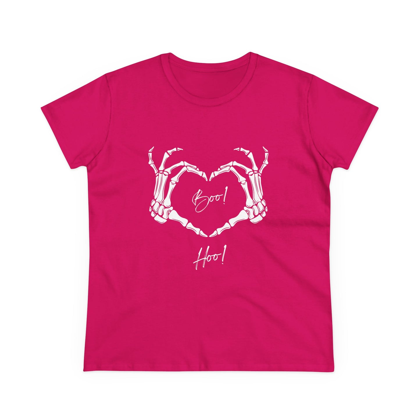 Pink boo hoo t-shirt women with white skeleton hands forming a heart design by Printify