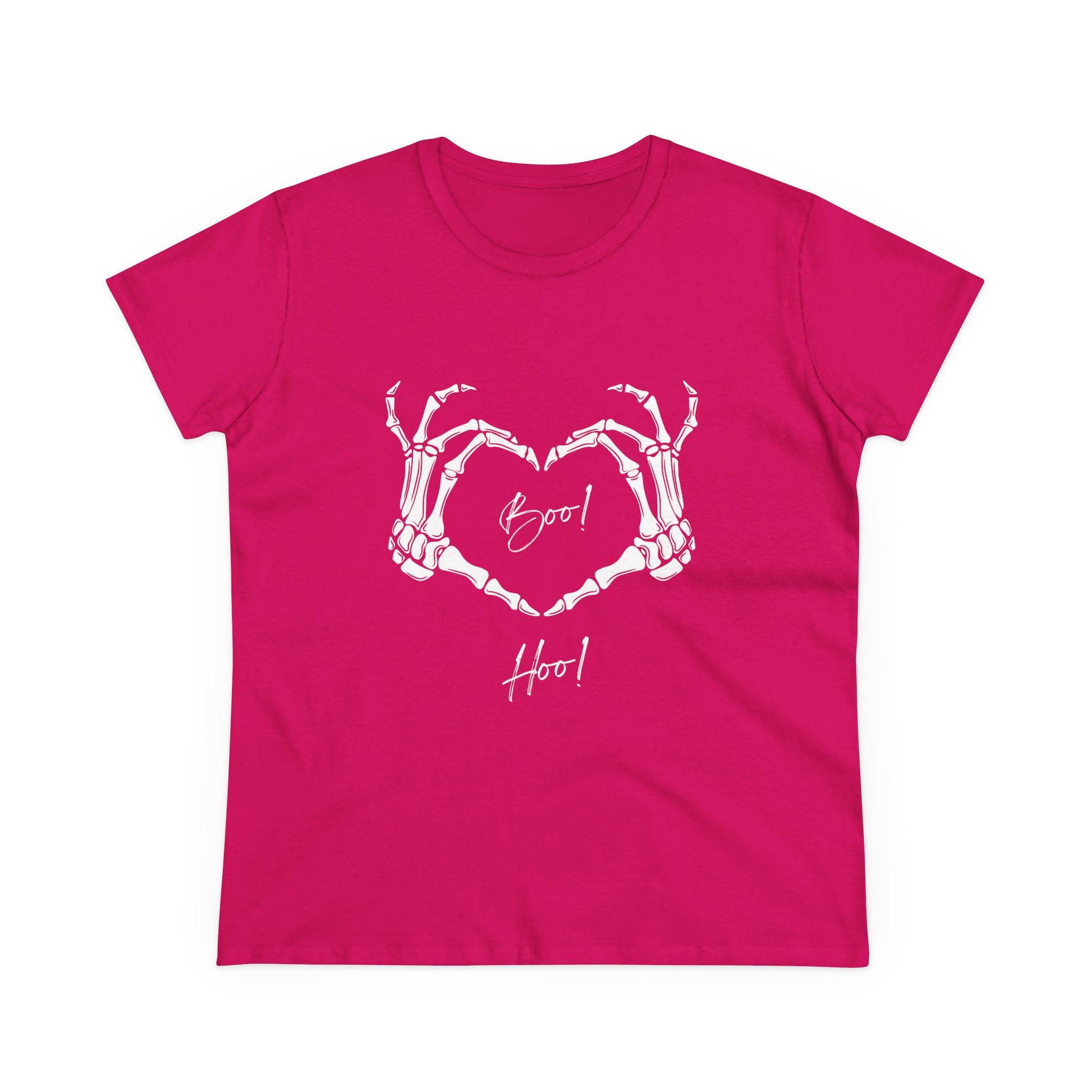 Pink boo hoo t-shirt women with white skeleton hands forming a heart design by Printify