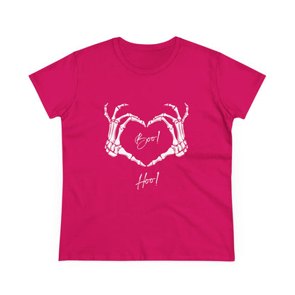 Pink boo hoo t-shirt women with white skeleton hands forming a heart design by Printify