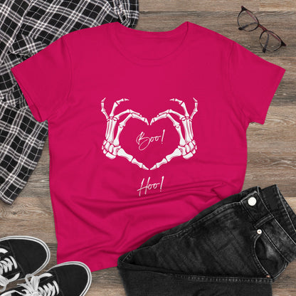 Bright pink boo hoo t-shirt women with skeleton hands forming a heart and text on front