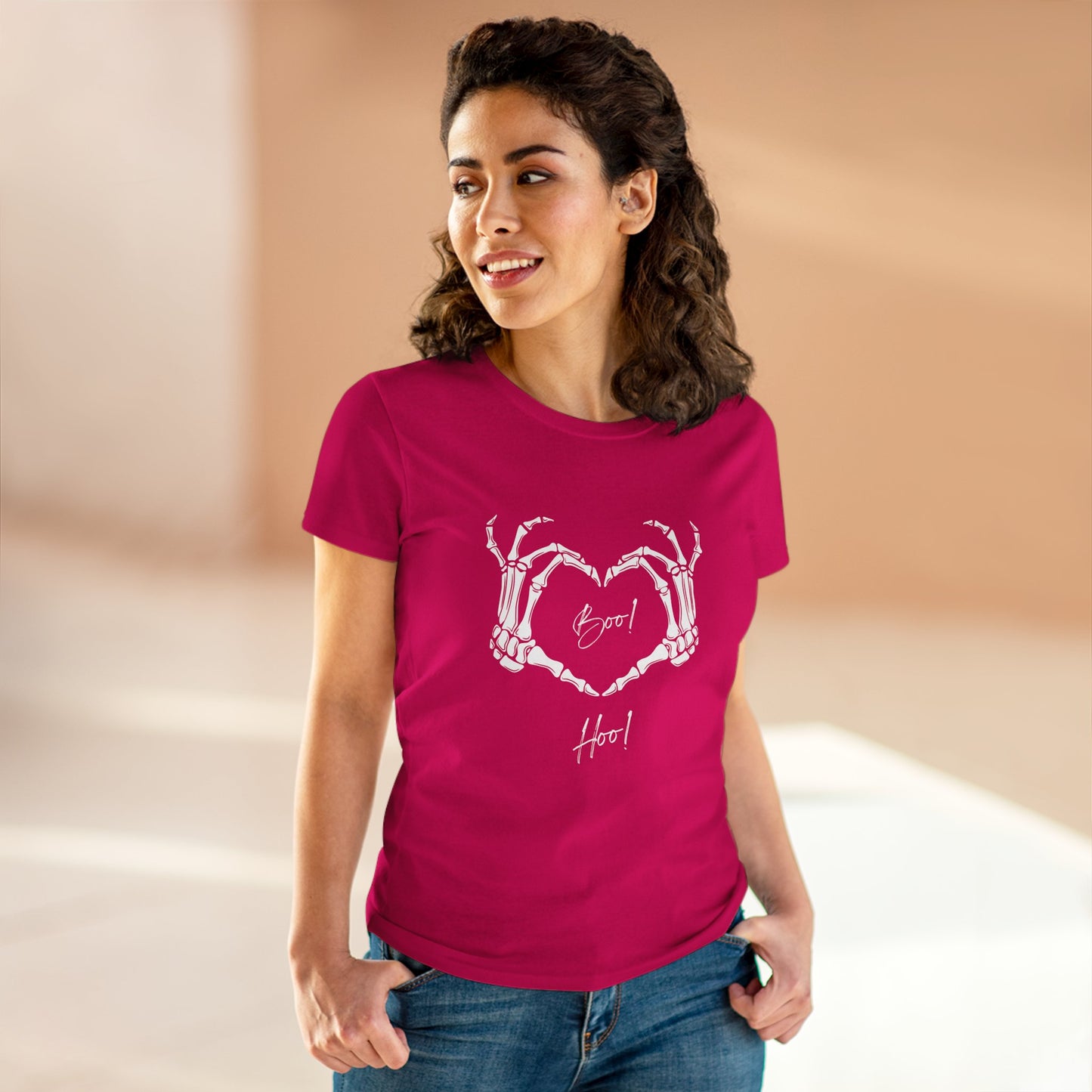 Boo hoo t-shirt women in bright pink with skeleton hands forming a heart design by Printify