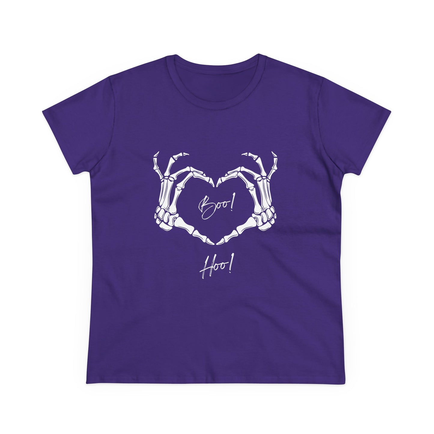 Purple boo hoo t-shirt women with white skeleton hands forming a heart design from Printify