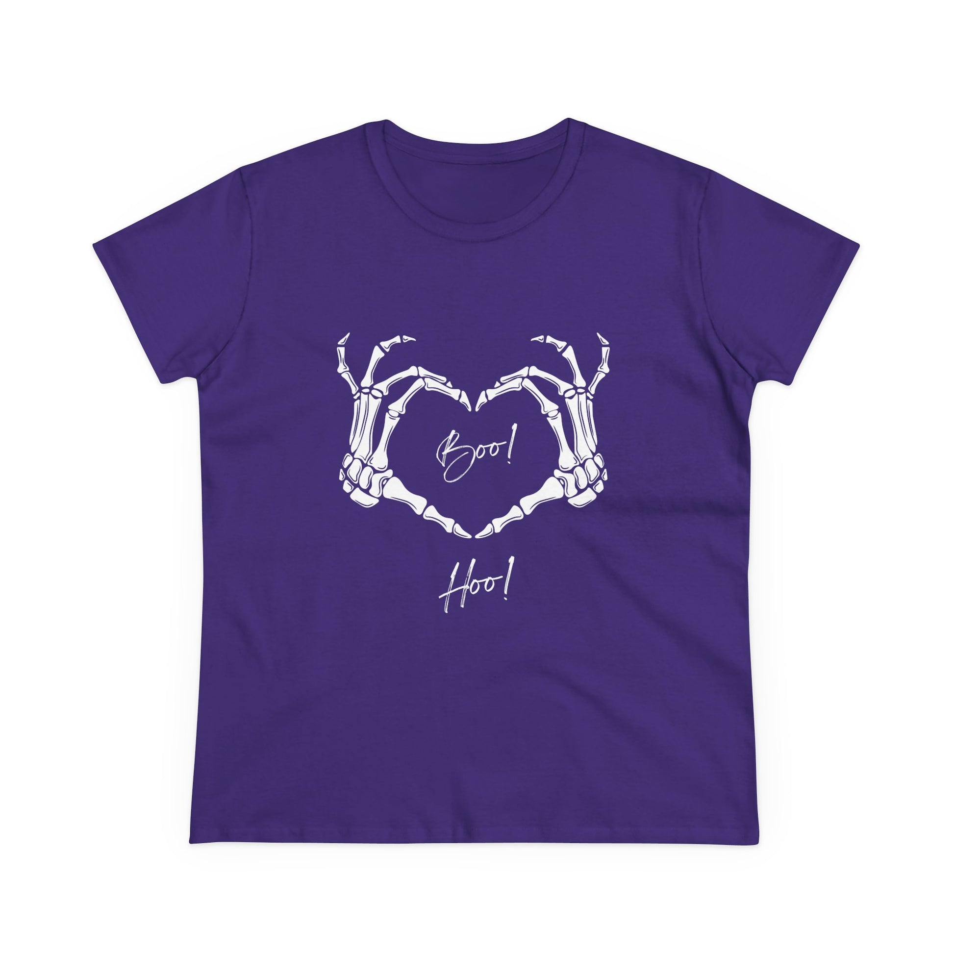 Purple boo hoo t-shirt women with white skeleton hands forming a heart design from Printify