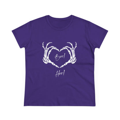 Purple boo hoo t-shirt women with white skeleton hands forming a heart design from Printify