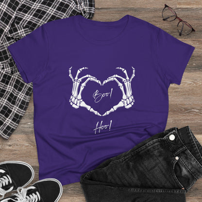 Purple boo hoo t-shirt women with skeleton hands heart design laid out with black jeans and sneakers