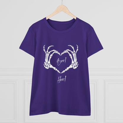 Purple boo hoo t-shirt women with skeleton hands forming a heart print by Printify