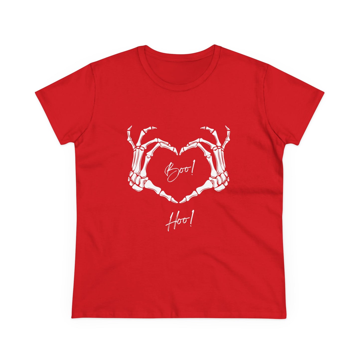 Red boo hoo t-shirt women with skeleton hands forming heart and spooky text design