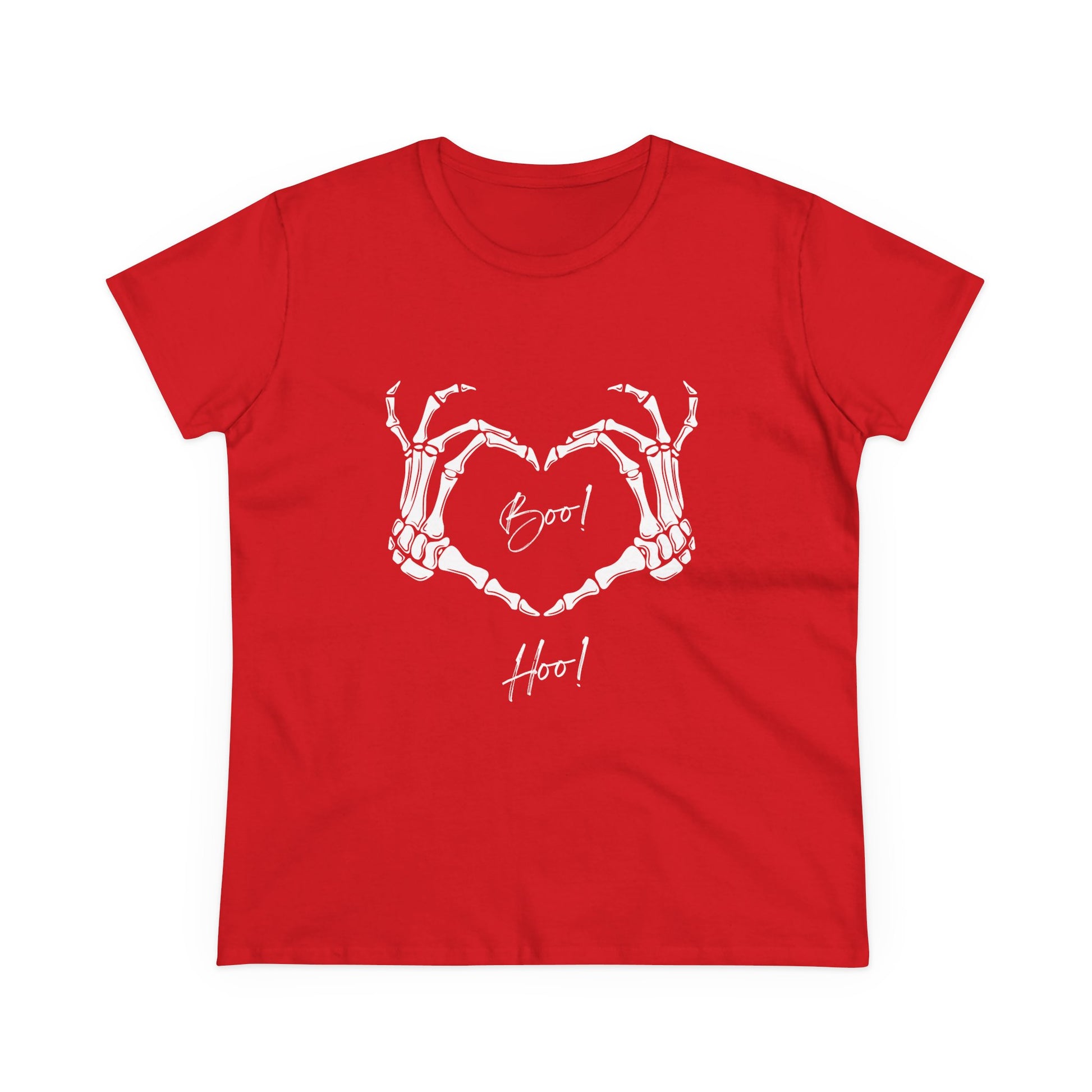 Red boo hoo t-shirt women with skeleton hands forming heart and spooky text design