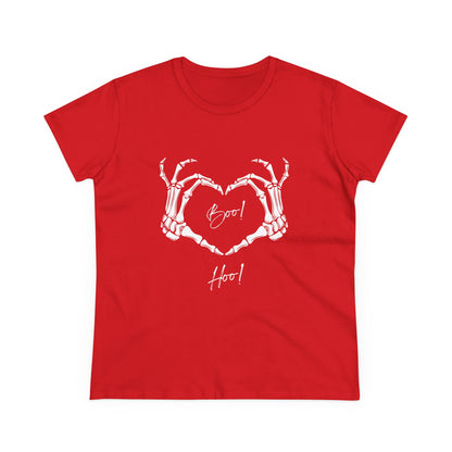 Red boo hoo t-shirt women with skeleton hands forming heart and spooky text design