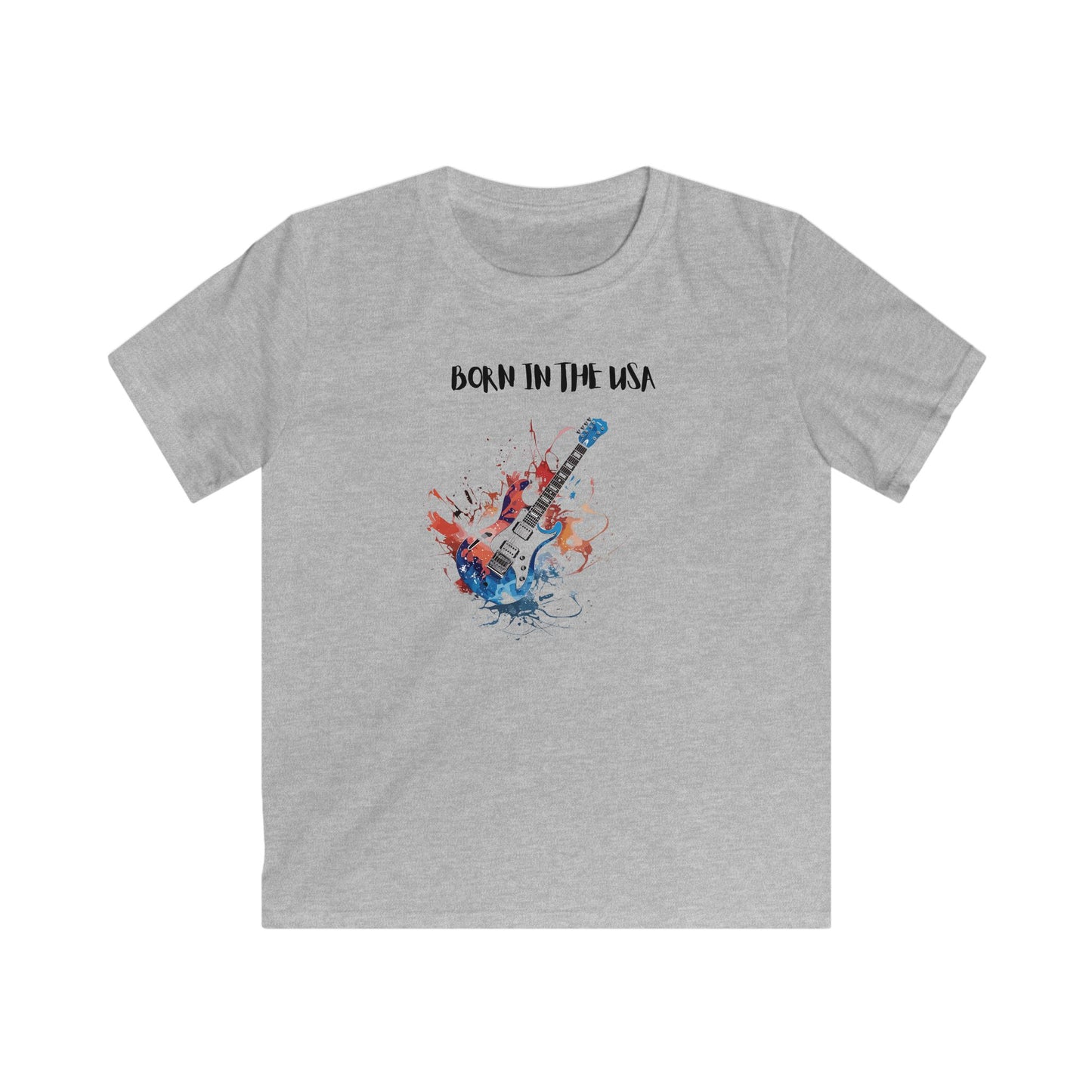 Gray kids shirt with born in the usa kids shirt design featuring a colorful electric guitar graphic