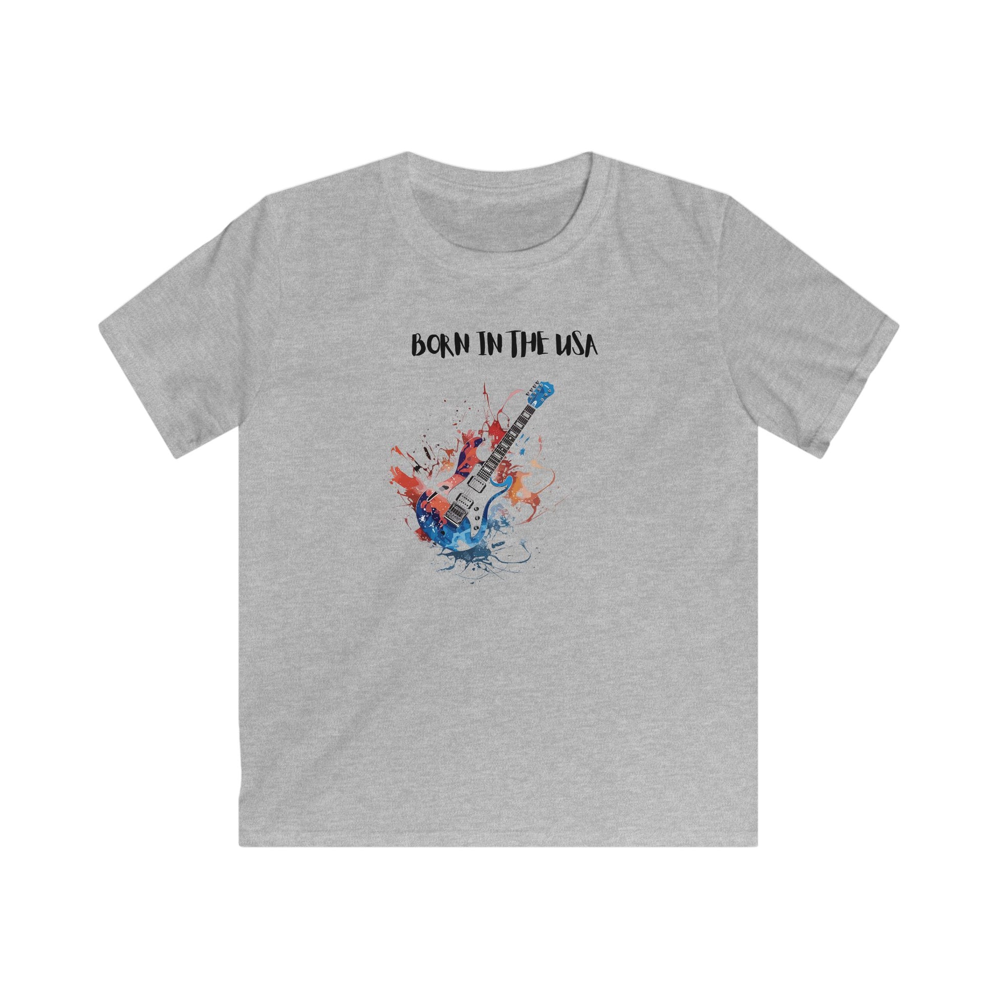 Gray kids shirt with born in the usa kids shirt design featuring a colorful electric guitar graphic