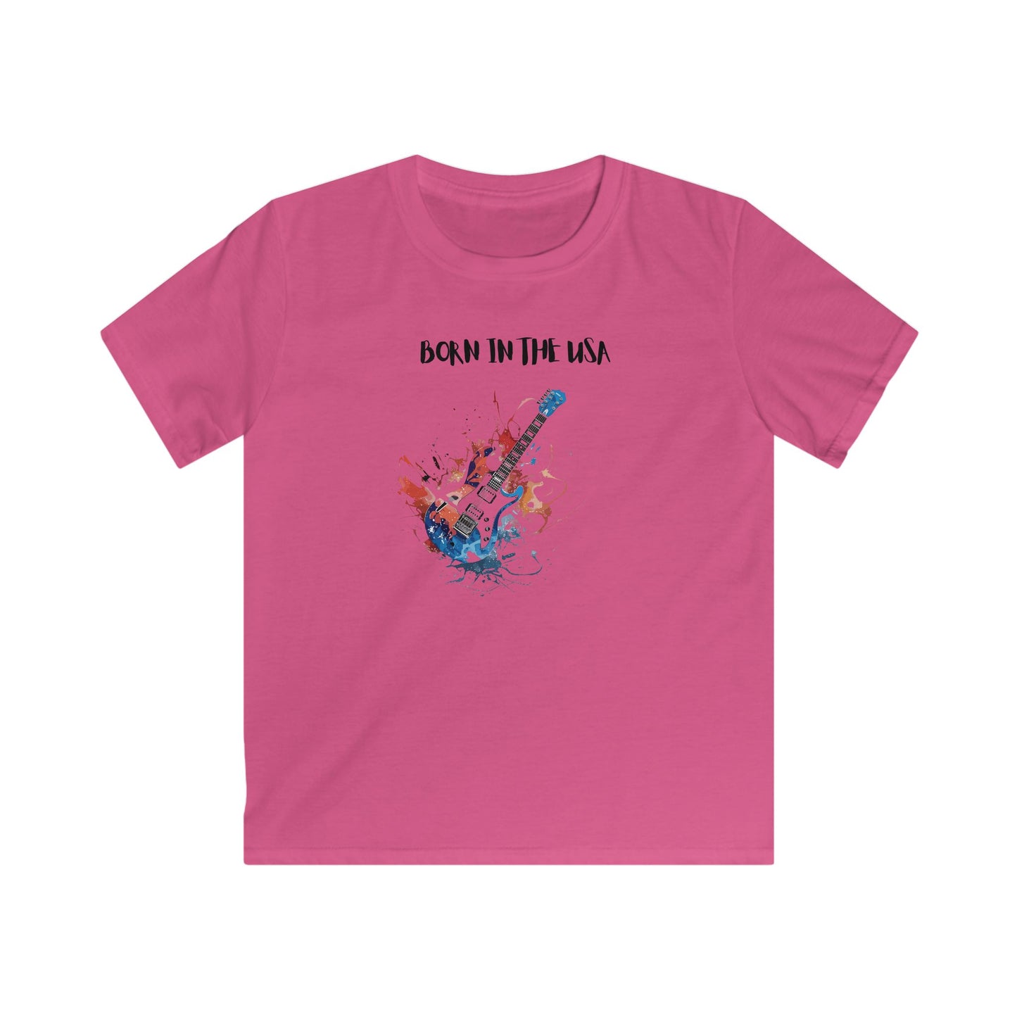 Pink born in the usa kids shirt with colorful guitar graphic design by Printify
