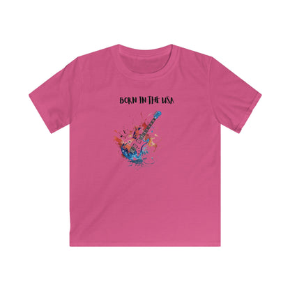Pink born in the usa kids shirt with colorful guitar graphic design by Printify