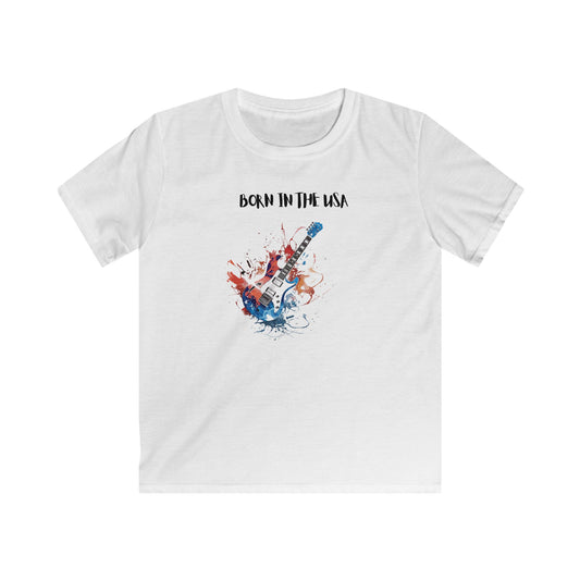 White kids shirt with born in the usa kids shirt design featuring a colorful guitar graphic