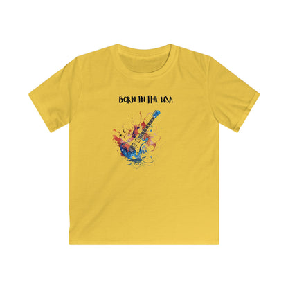 Yellow born in the usa kids shirt with colorful electric guitar graphic and splash design