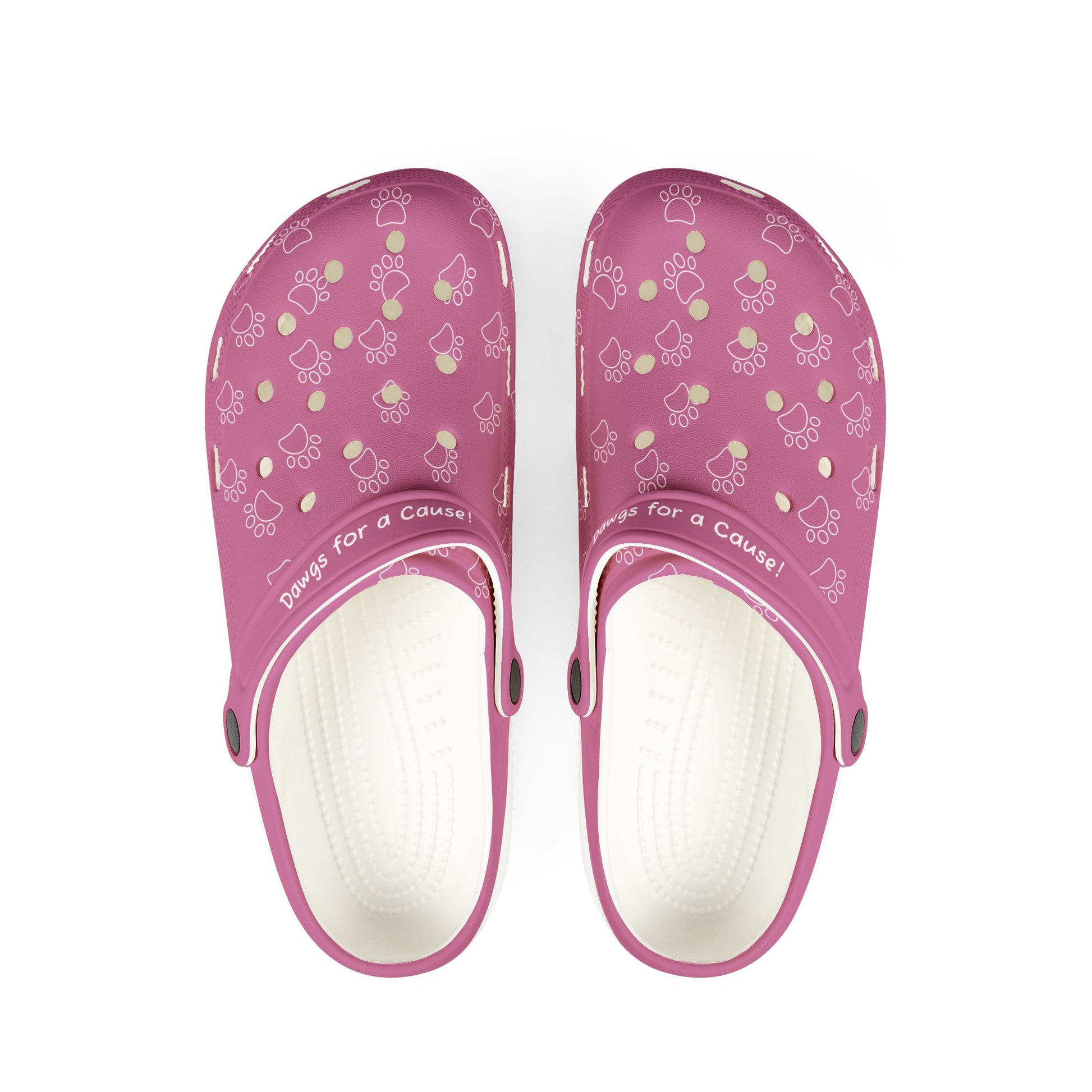 Printify pink casual rubber clogs for women with paw print design and white cushioned insoles