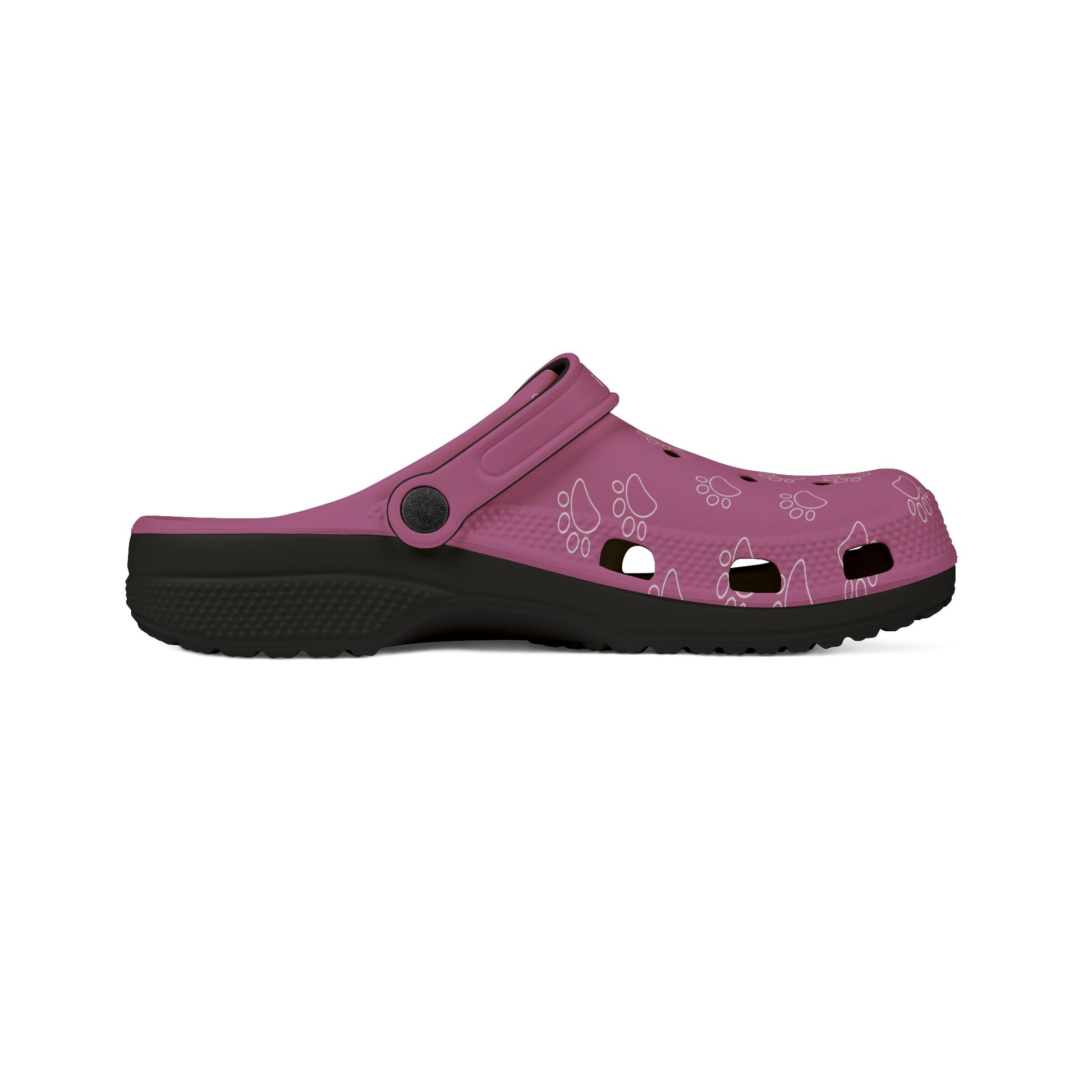 Printify casual rubber clogs for women in purple with black sole and paw print design