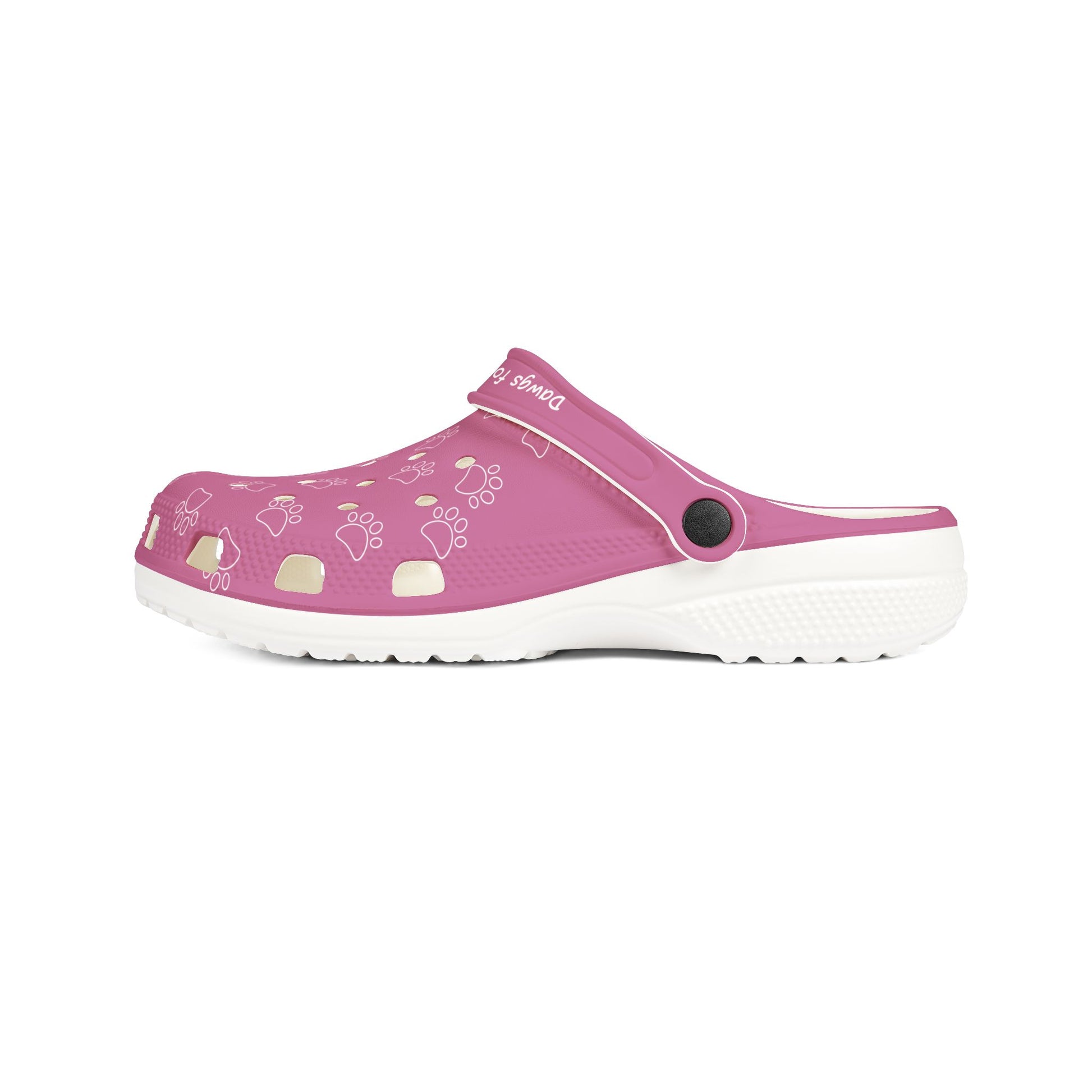 pink casual rubber clogs for women with paw print design and white sole
