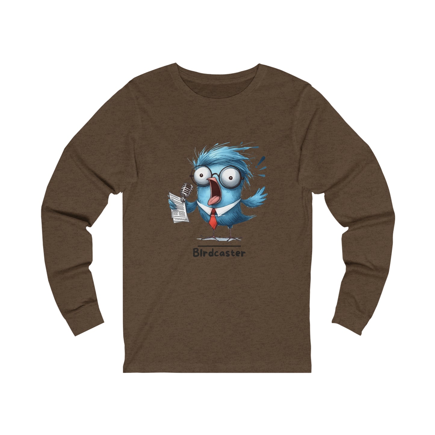 Printify long-sleeve funny bird shirt featuring a cartoon blue bird with glasses holding a microphone