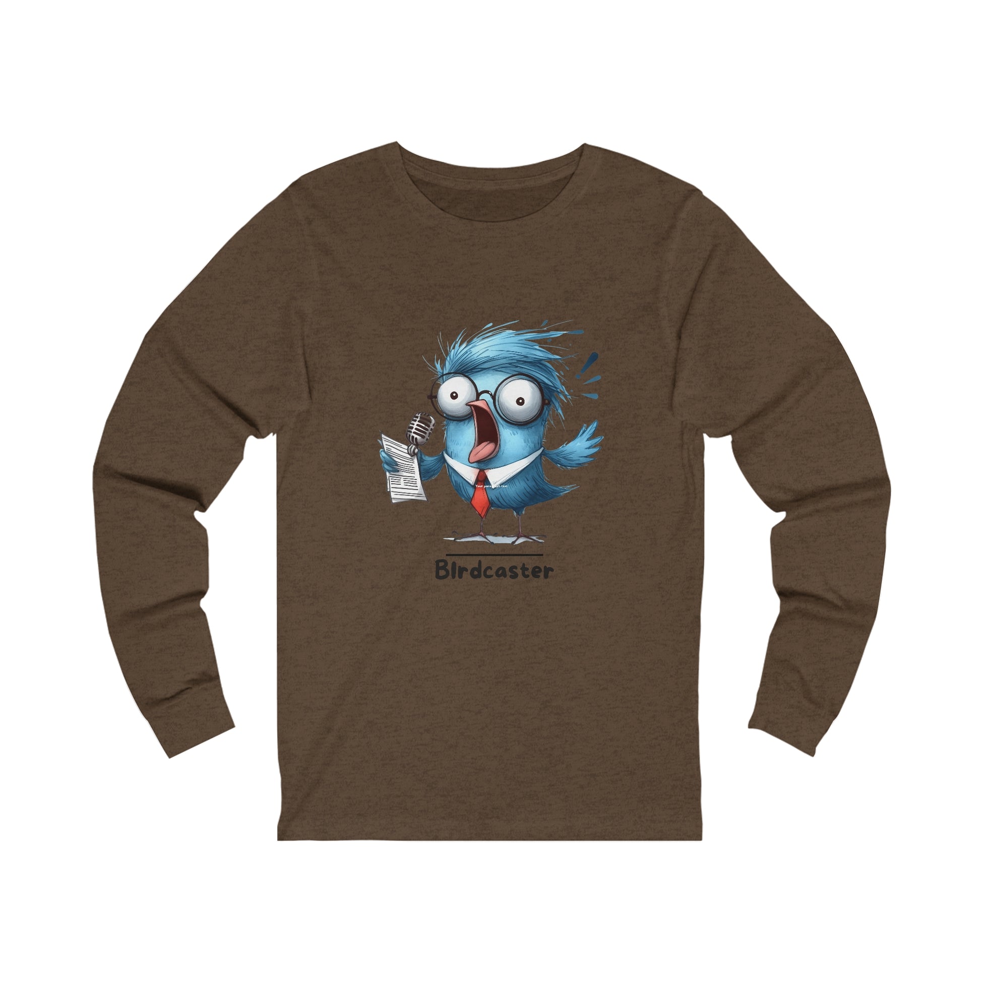 Printify long-sleeve funny bird shirt featuring a cartoon blue bird with glasses holding a microphone