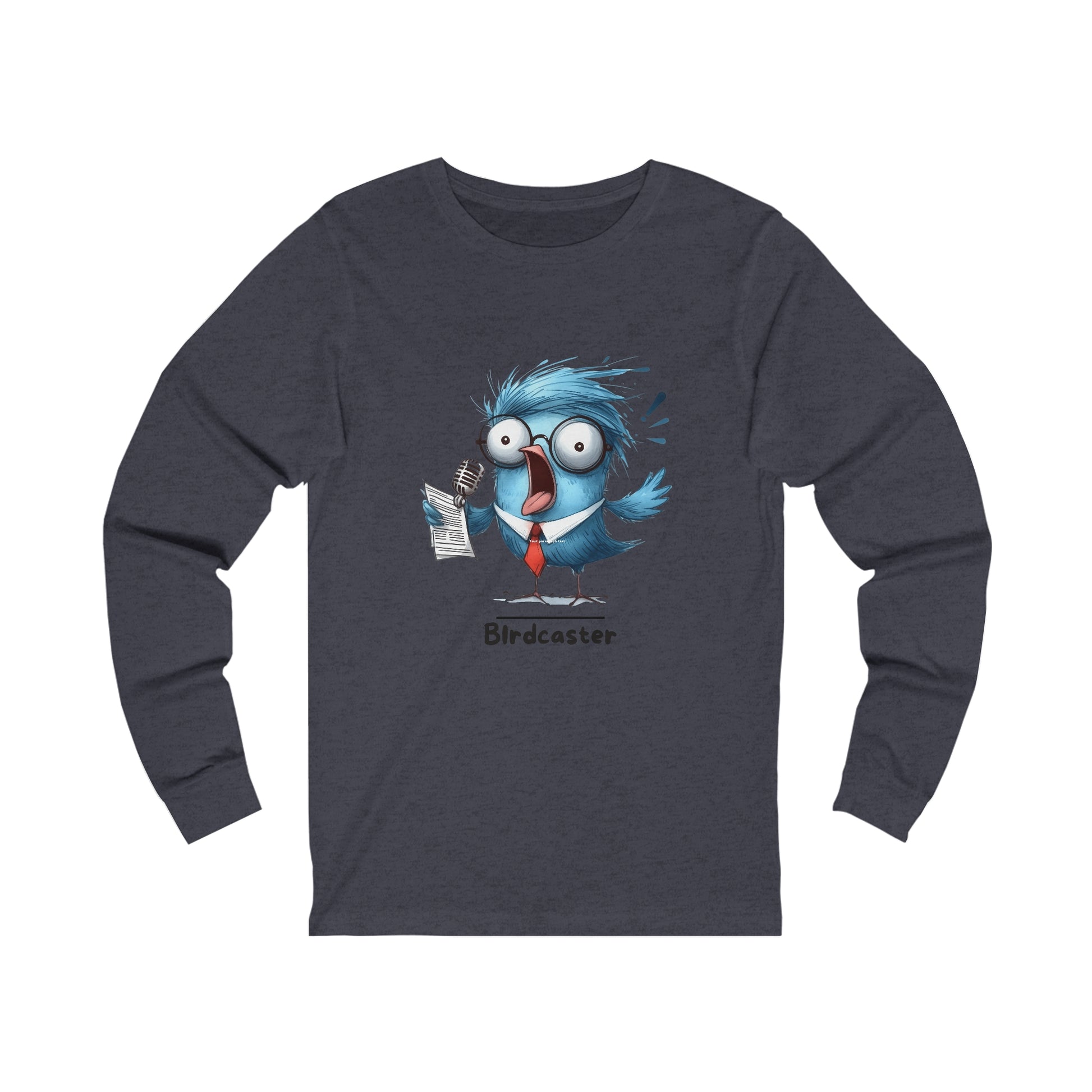 Printify dark gray long-sleeve funny bird shirt with cartoon blue bird wearing glasses and red tie