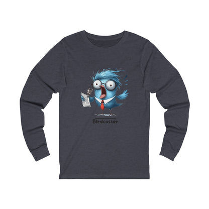 Printify dark gray long-sleeve funny bird shirt with cartoon blue bird wearing glasses and red tie