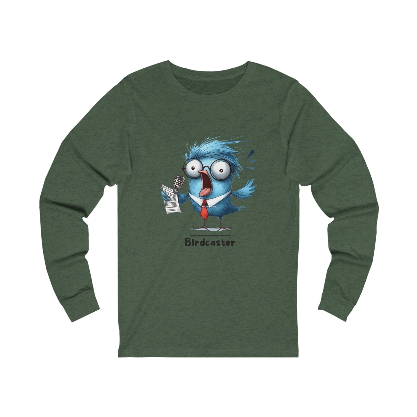 Printify long-sleeve funny bird shirt with blue cartoon bird wearing glasses and red tie on green fabric