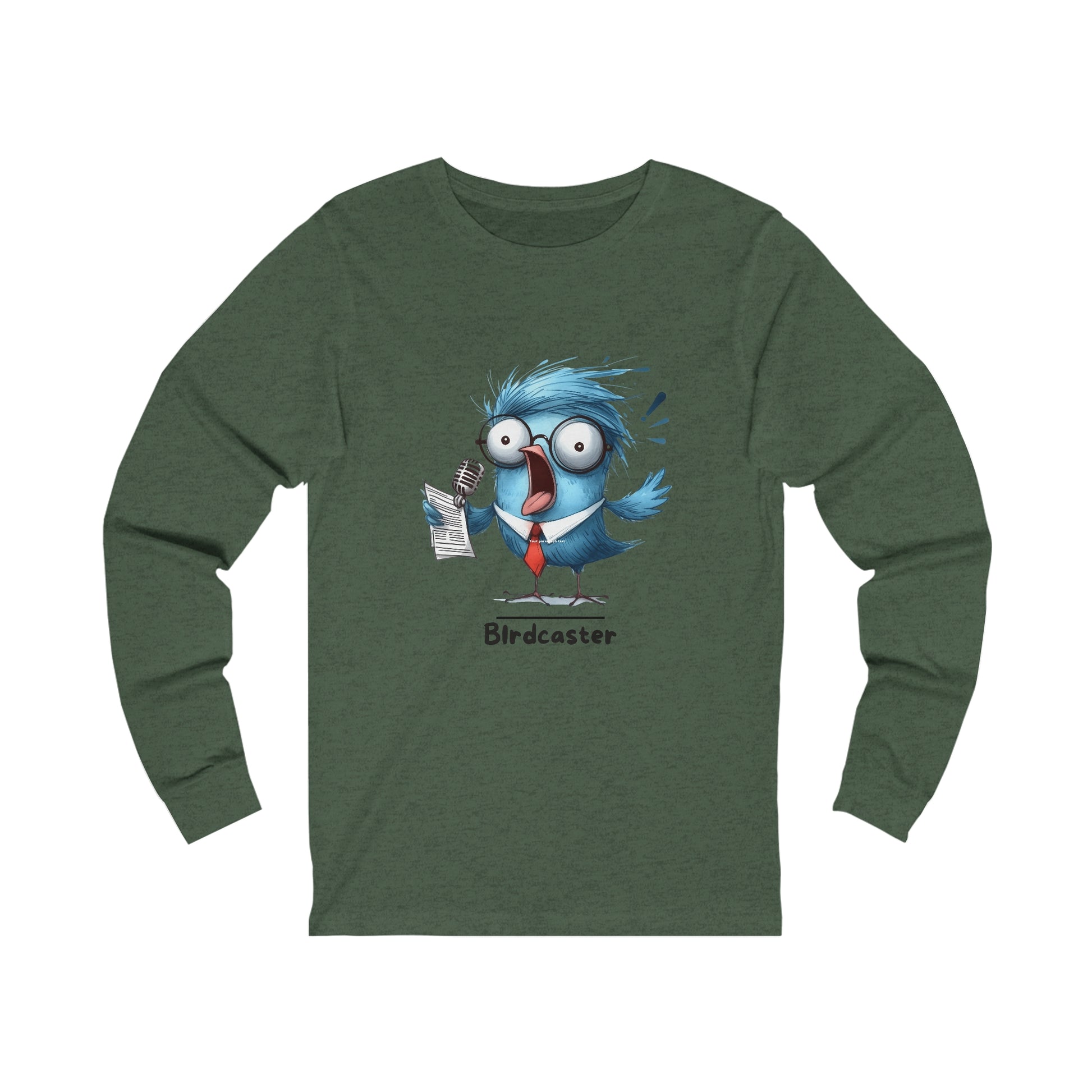 Printify long-sleeve funny bird shirt with blue cartoon bird wearing glasses and red tie on green fabric